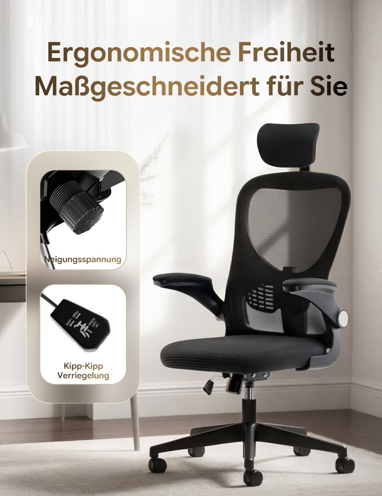 Bürostuhl, ergonomischer Schreibtischstuhl mit Verstellbarer Lendenwirbelstütze und Kopfstütze, Computerstuhl mit hoher Rückenlehne aus Netzgewebe und hochklappbaren Armlehnen