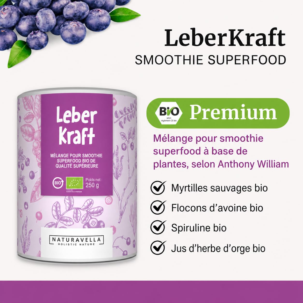 Dr Haider's LeberKraft® Mélange pour smoothie aux superaliments Heavy Metal Bio Premium | Recette originale selon Anthony William (Méd. Médium) - végan, testé en laboratoire, 250 g