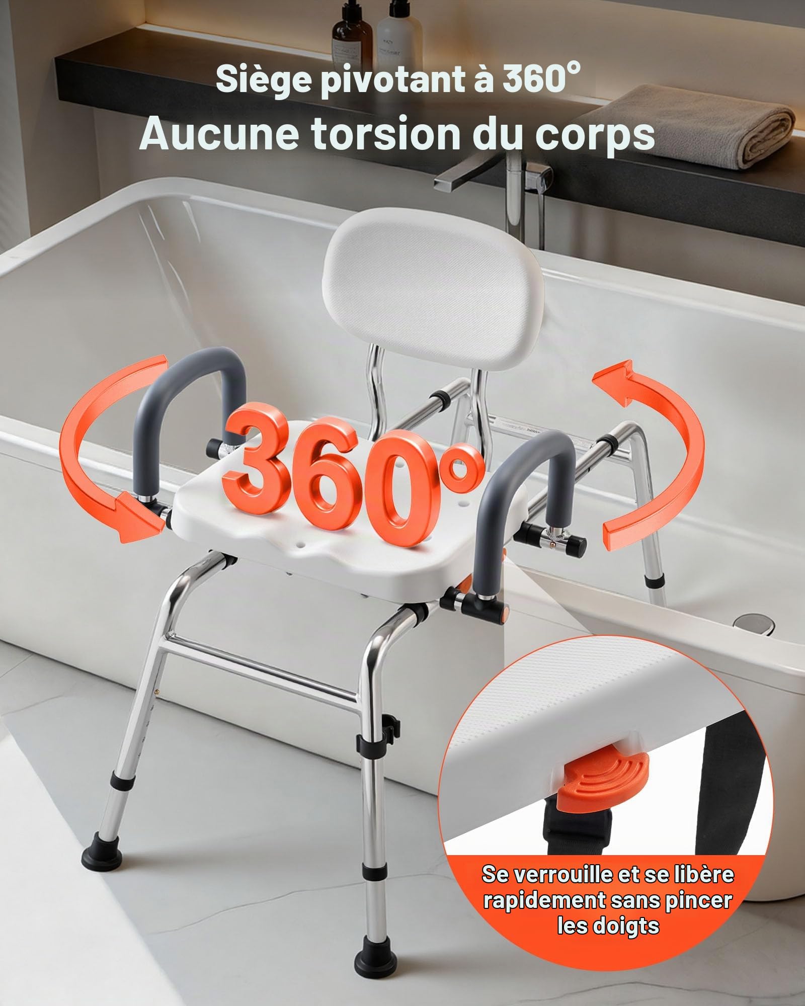 VEVOR Chaise de Baignoire Coulissante, Siège de Transfert pour Baignoire Pivotant, Capacité 180 kg, Accoudoirs et Dossier, pour Adultes, Personnes Âgées et Handicapés, Hauteur et Largeur Réglables