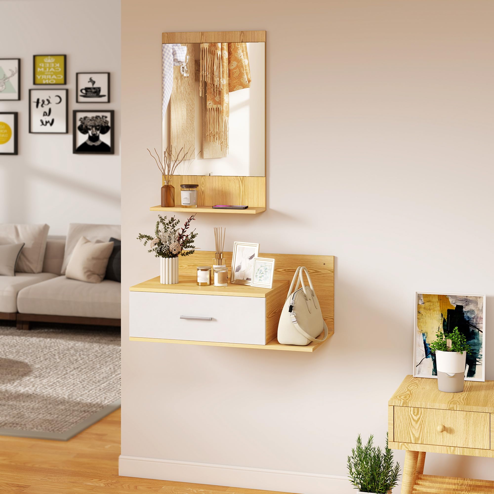 HOMCOM Set Mobili Ingresso con Specchio, Mobiletto a Parete con Cassetto e 2 Ripiani Aperti per Soggiorno, Camera da Letto, Ingresso, Legno Naturale