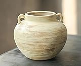 Handmade Beige White Two-Ear Ceramic Vase, Textured Pottery Vase with Two Ears for Centerpieces, Kitchen, Living Room, Bedroom Decor Gifts (Beige White, Short) Beige White Short