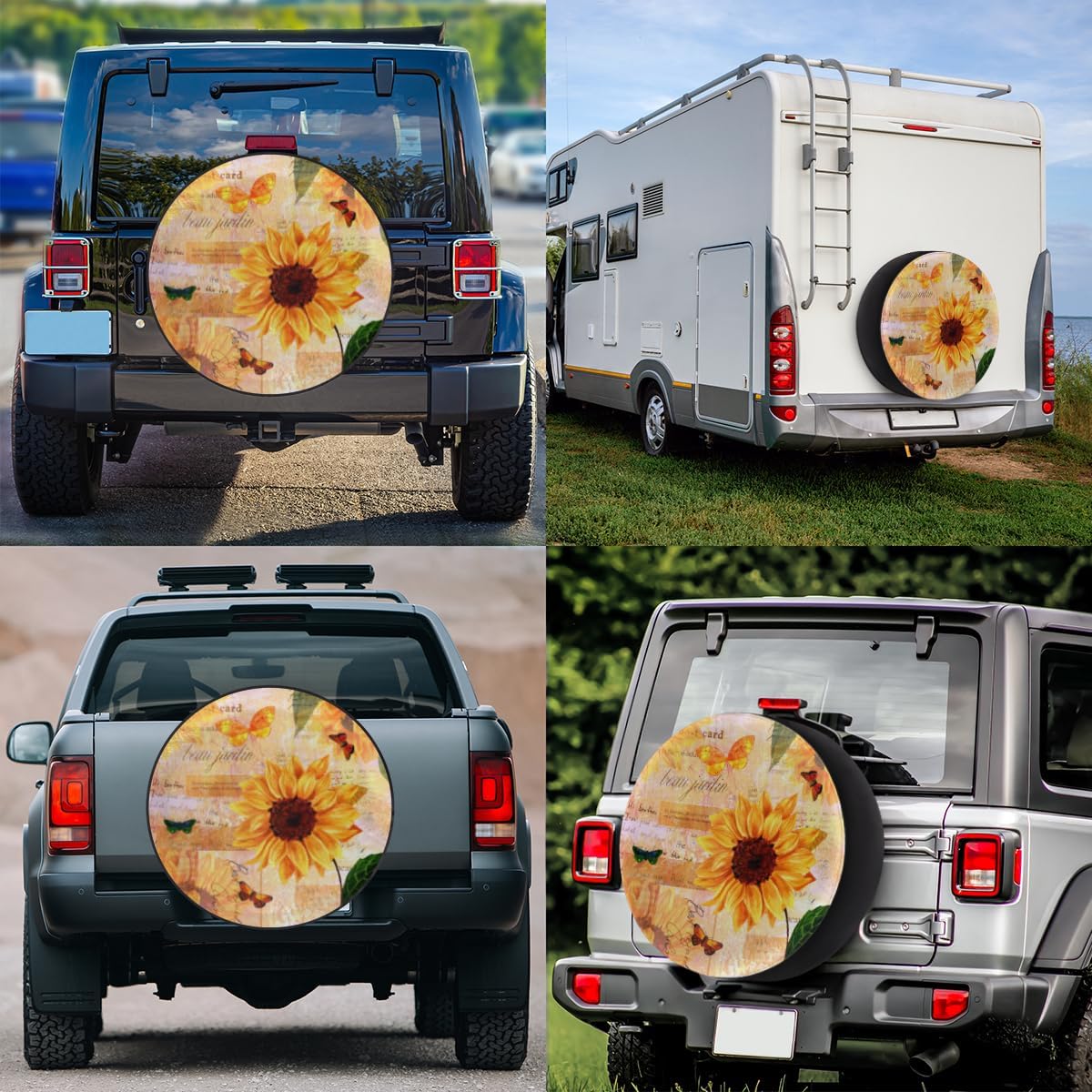 Sunflower Butterfly Tire Covers Portable Spare Tire Cover Soft Durable Waterproof Dustproof 3 Sizes 14 15 16 Inches for Car Truck SUV Trailer Camper