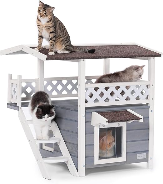 Petsfit Durable Roof Cat Houses for Outdoor Cats Weatherproof with Escape Door, Stair or Scratch Board, 2 Story Design Perfect for Multi Cats, Outside Cat House Gray