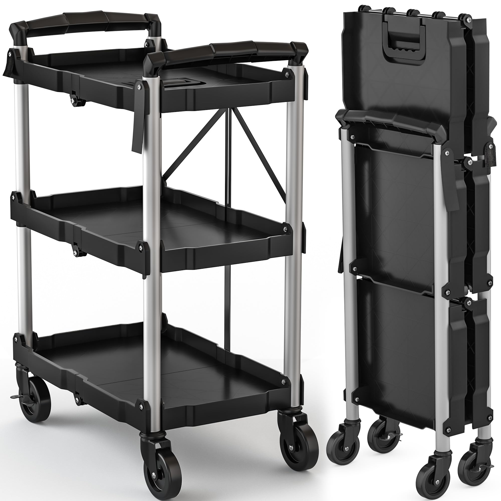 DWVO 3-Tier Folding Utility Cart Foldable Service Cart Heavy Duty Collapsible Rolling Cart with 360 Swivel Wheels and