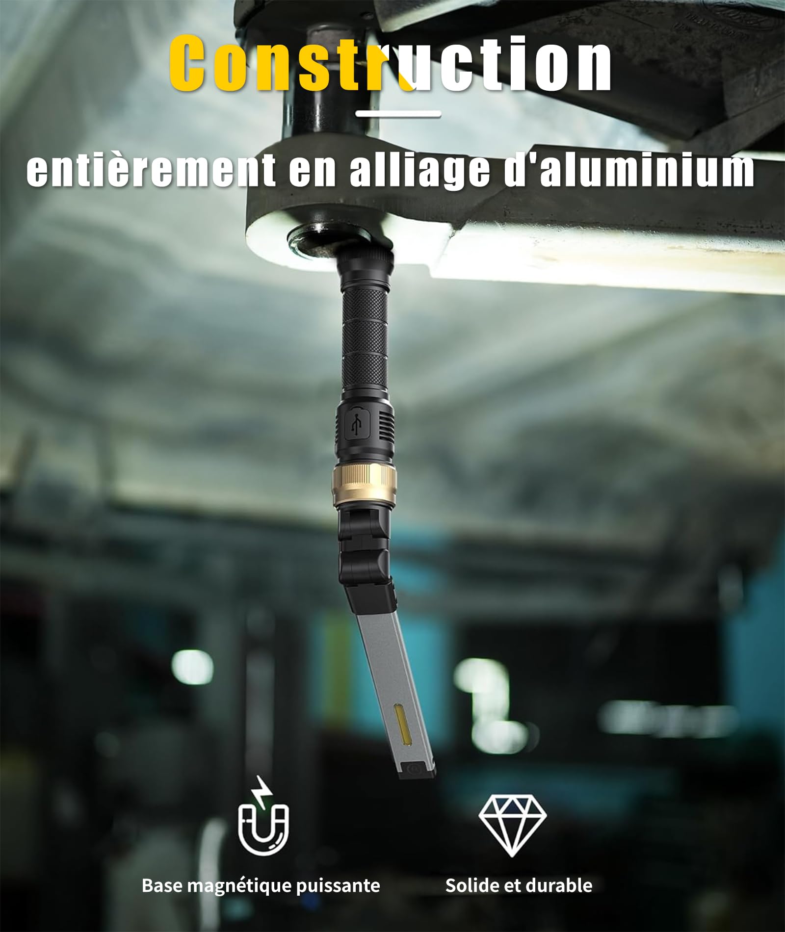 HOTLIGH Lampe LED Rechargeable - 5000 mAh Baladeuse LED Mecanicien avec Conception Pliable Pivotant à 360°, 1200 lumens Lampe Mecanicien, 3 modes D'éclairage Baladeuse pour la Réparation Automobile