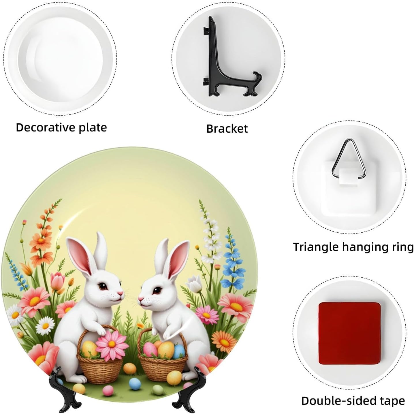 Happy Easter Style Ceramic Plate Display Decorative Plate With Stand Wall Hanging Plate For Home Decor 10 Inch