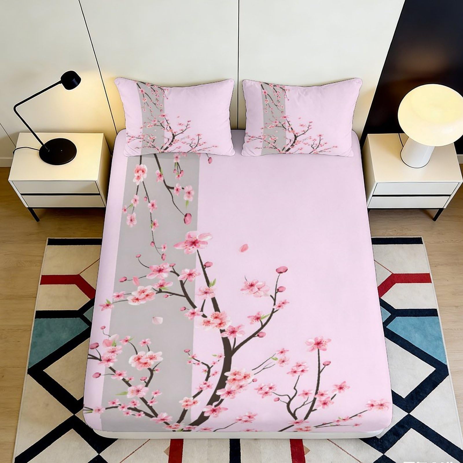 3D Printed Cherry Blossom Fitted Sheet Microfiber Pink Plum Branch Mattress Cover for Bedroom Guest Room Decor 90x200x25cm