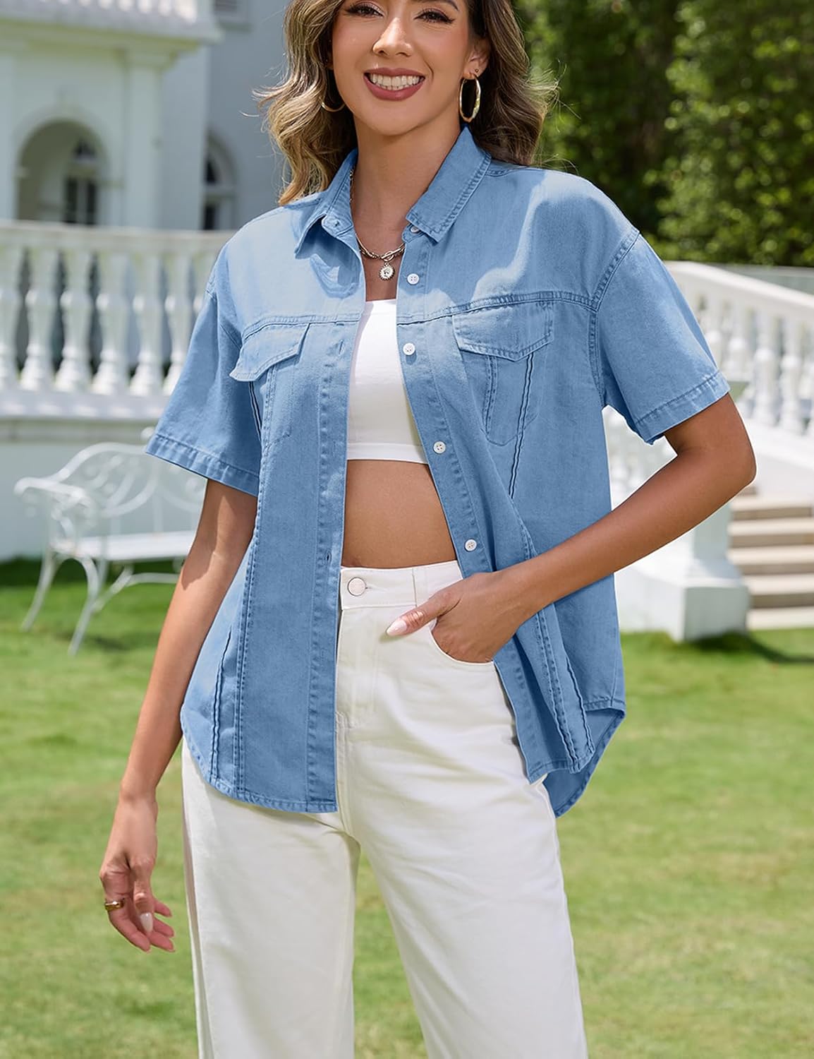 Women's Denim Shirt Casual Short Sleeve Button Down Chambray Blouse Summer Jean Shirt Tops - Image 2