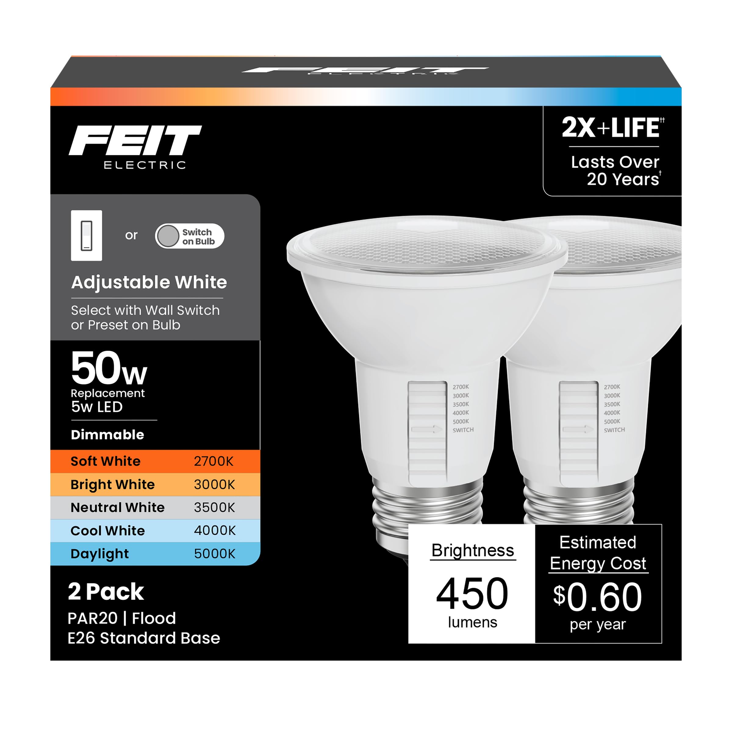 Feit Electric 2 bombillas LED PAR20, equivalente a 50 W, regulable, color a elegir, 6 vías, casquillo central E26, 90 CRI, 450 lúmenes, foco de humedad nominal, 22 años, PAR20DM/6WYCA/2
