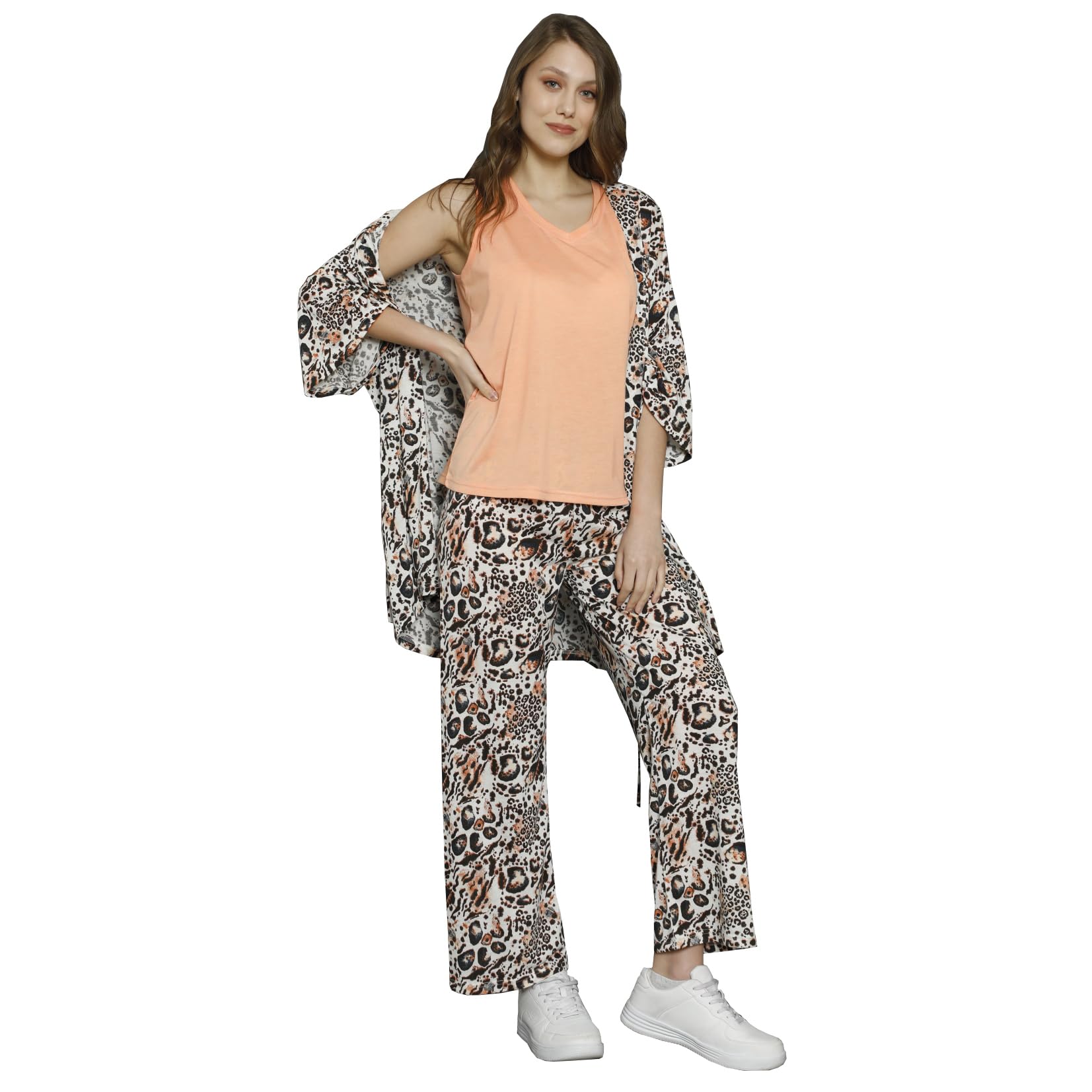 3-Piece Turkish Cotton Robe Set Sleepwear Loungewear Nightwear Pant and Top Pajama Set for Women