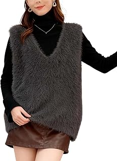 [DONLAONE] ファーベスト レディース ニット ベスト Vネック フェイクファー ノースリーブ トップス ふわふわ もこもこ 暖かい 重ね着 可愛い 秋服 冬服
