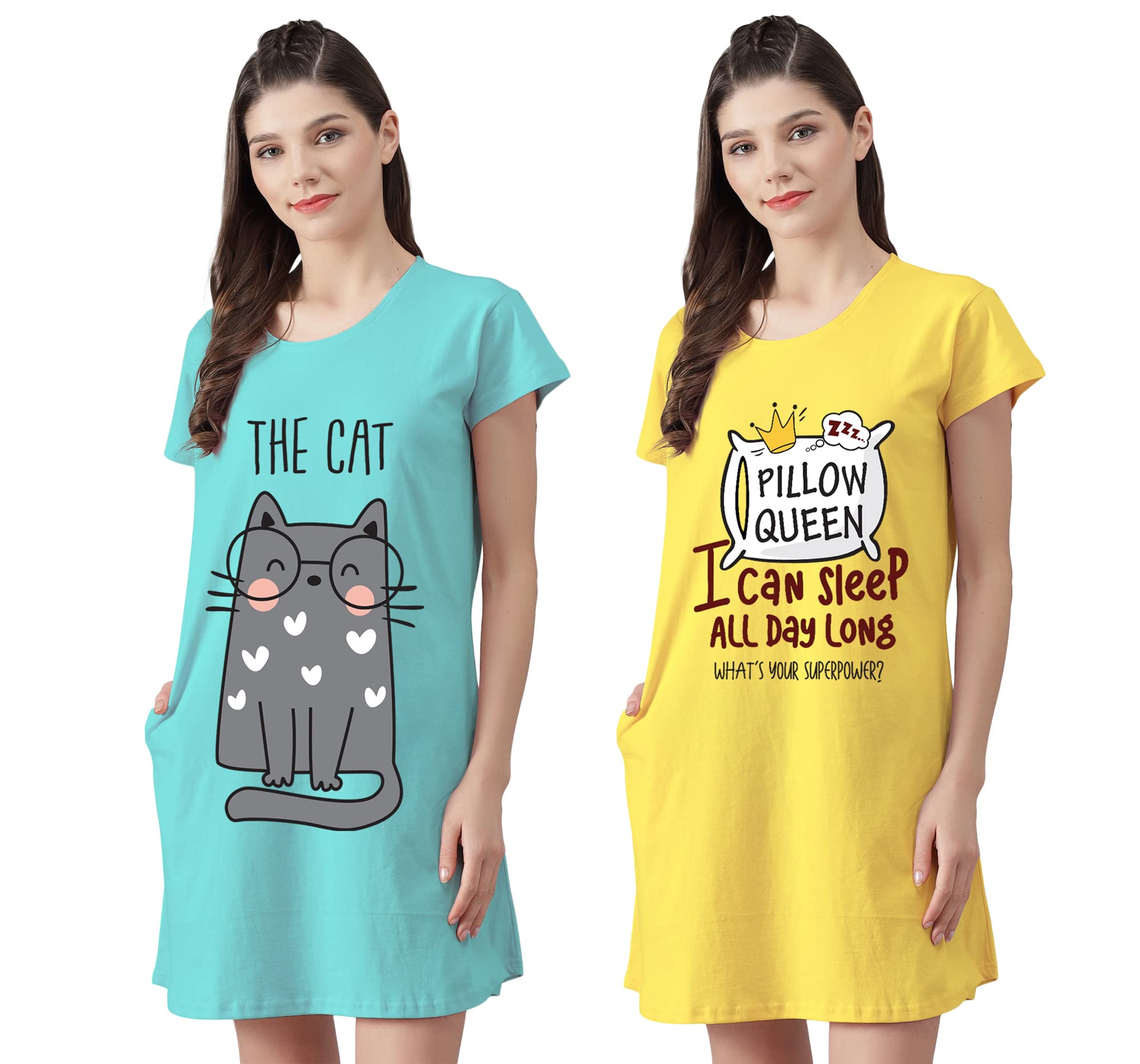 Women’s Cotton Nighty | Printed Knee Length Night Gown |Relaxed Fit Nightwear |Short Nightdress| Long T-Shirt | Sleepwear & Casual Wear Nighty (Pack of 2)-image-33