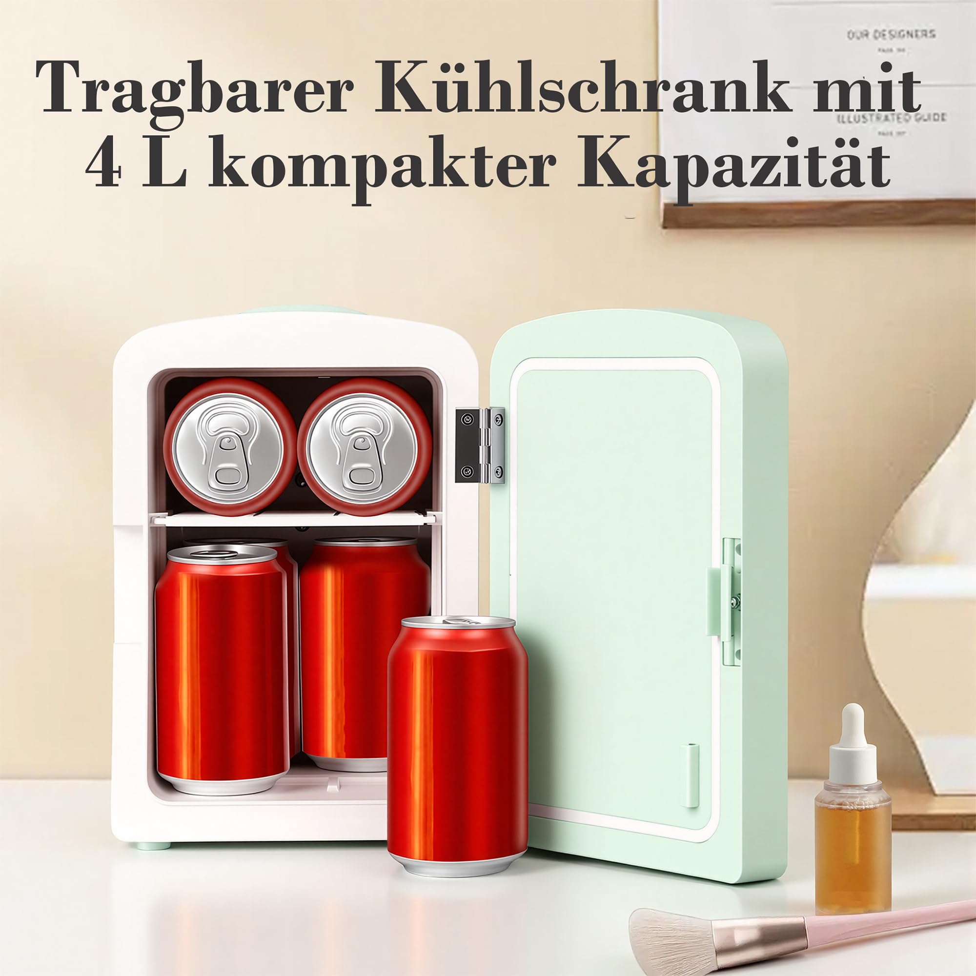Iceblue Mini-Kühlschränke, Hautpflege Kühlschrank mit verstellbarer LED-Licht, 4L / 6Dosen Kompakt Make-up-Kühlschrank für Kosmetik & Getränke, kleiner Kühler für Zuhause, Auto, Geschenke (Grün)