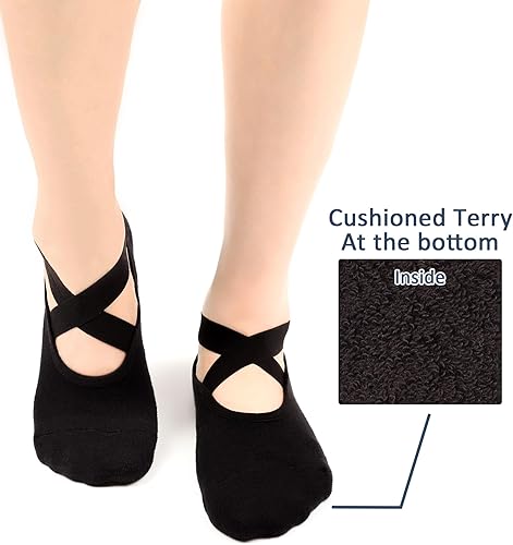 Miniatura 4 de Bevigorio Calcetines de agarre de pilates con correas y amortiguadores, calcetines de yoga con agarres para mujer, antideslizantes, agarre