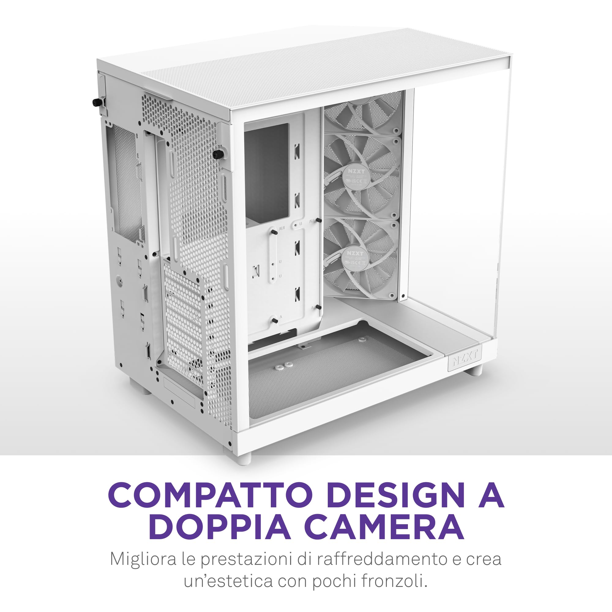 NZXT H6 Flow, CC-H61FW-01, Case Mid-Tower Compatto a Doppia Camera con Flusso d'Aria, Pannelli in Vetro Panoramico, Flusso d'Aria ad Alte Prestazioni, Include 3 Ventole da 120 mm, Bianco
