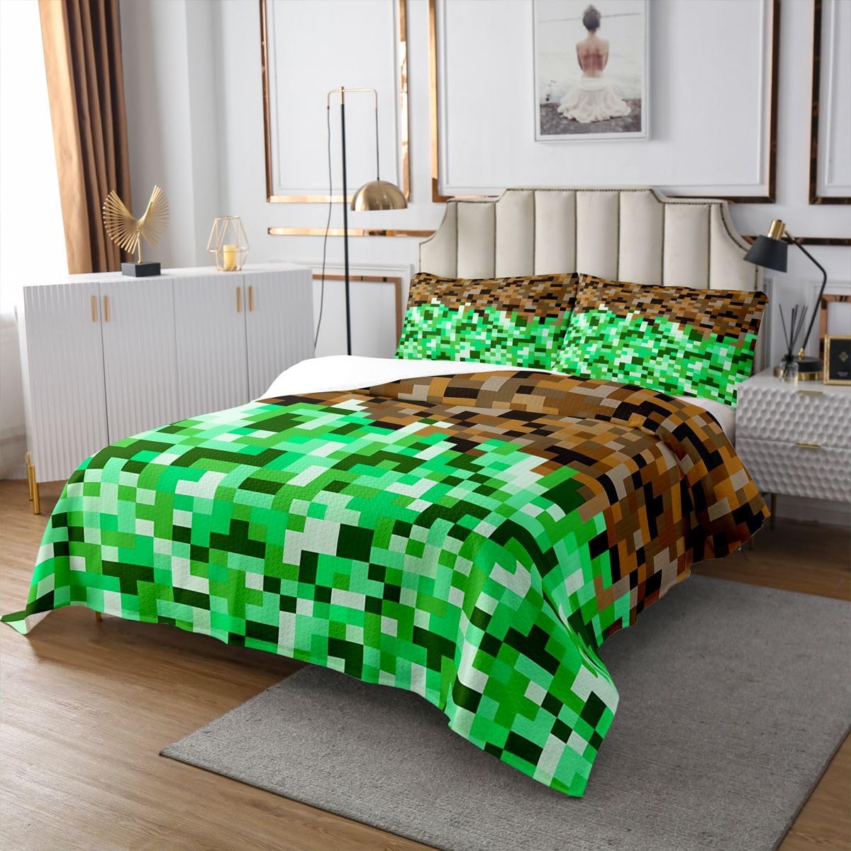 Pixelated Plaid Kids Bedspread Queen Size,Video Games Geometric Blocks Coverlet Set,Girls Boys Room Decor,Abstract Check Patchwork Quilted Coverlet,Green Brown Bedding Quilt,2 Pillowcases