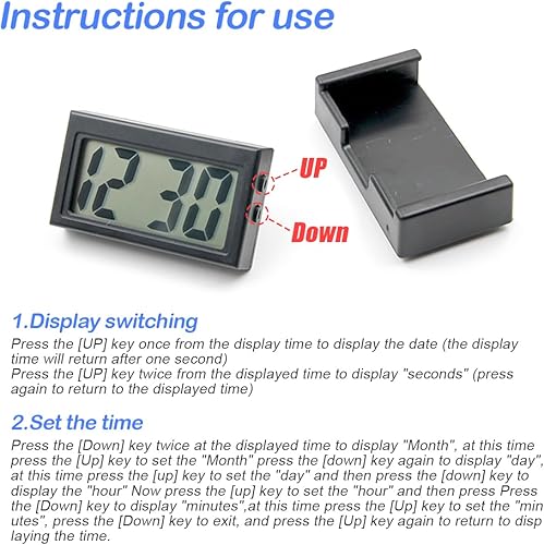 Miniatura 4 de Mini reloj digital para tablero de automóvil, funciona con pilas y pantalla LCD transparente, reloj digital pequeño con soporte autoadhesivo, reloj