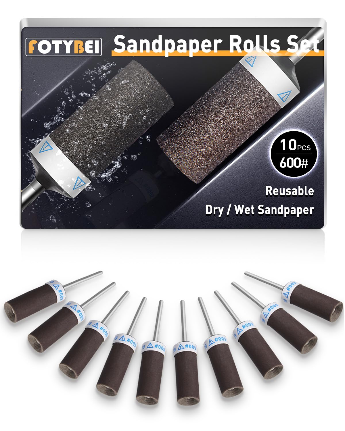 FOTYBEI 10Pcs 600 Grit Sanding Drums Sandpaper Sticks Set for Dremel Rotary Tool Accessories with 1/8" Shank
