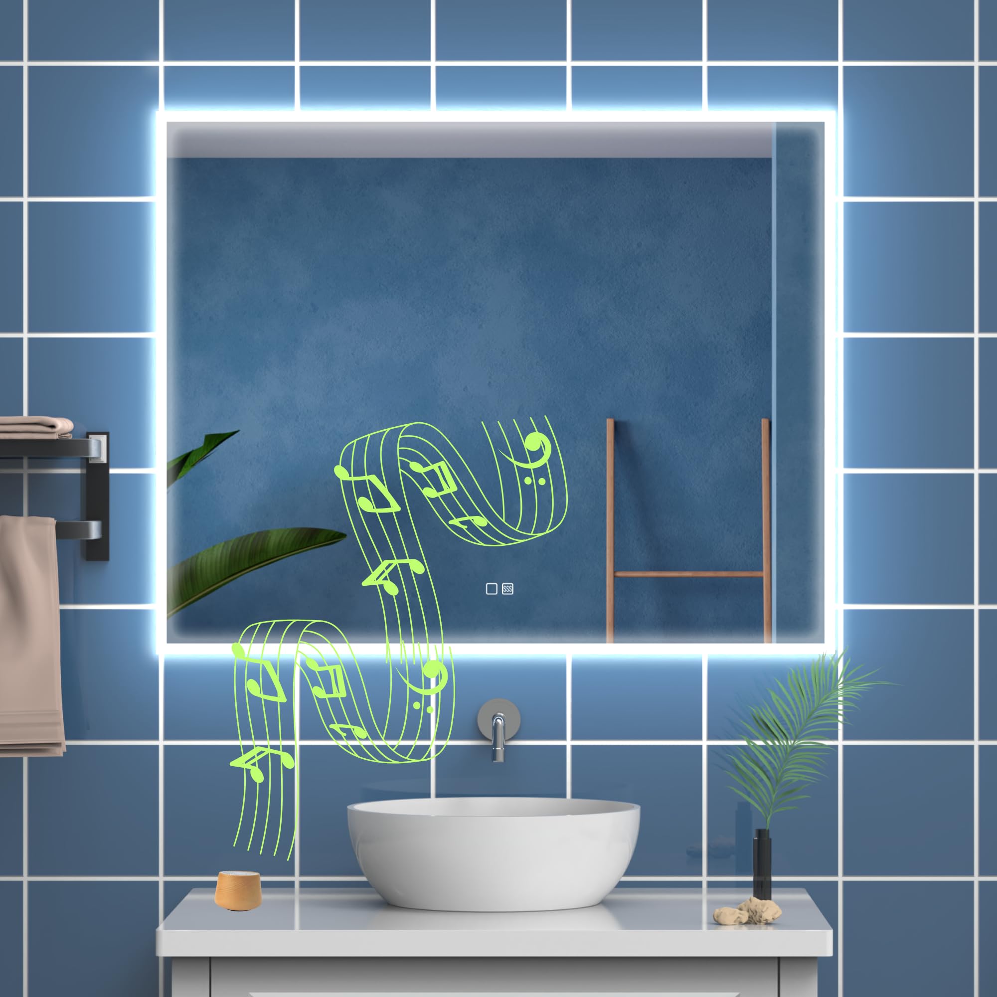 UBUD Espejo de Baño con Luz Led, 100 x 80 cm, Marco de Aluminio en Negro Mate, con Interruptor Táctil, Altavoz Bluetooth portatil, Antivaho, Regulación de Intesidad, Vidrio Anti-estallido.