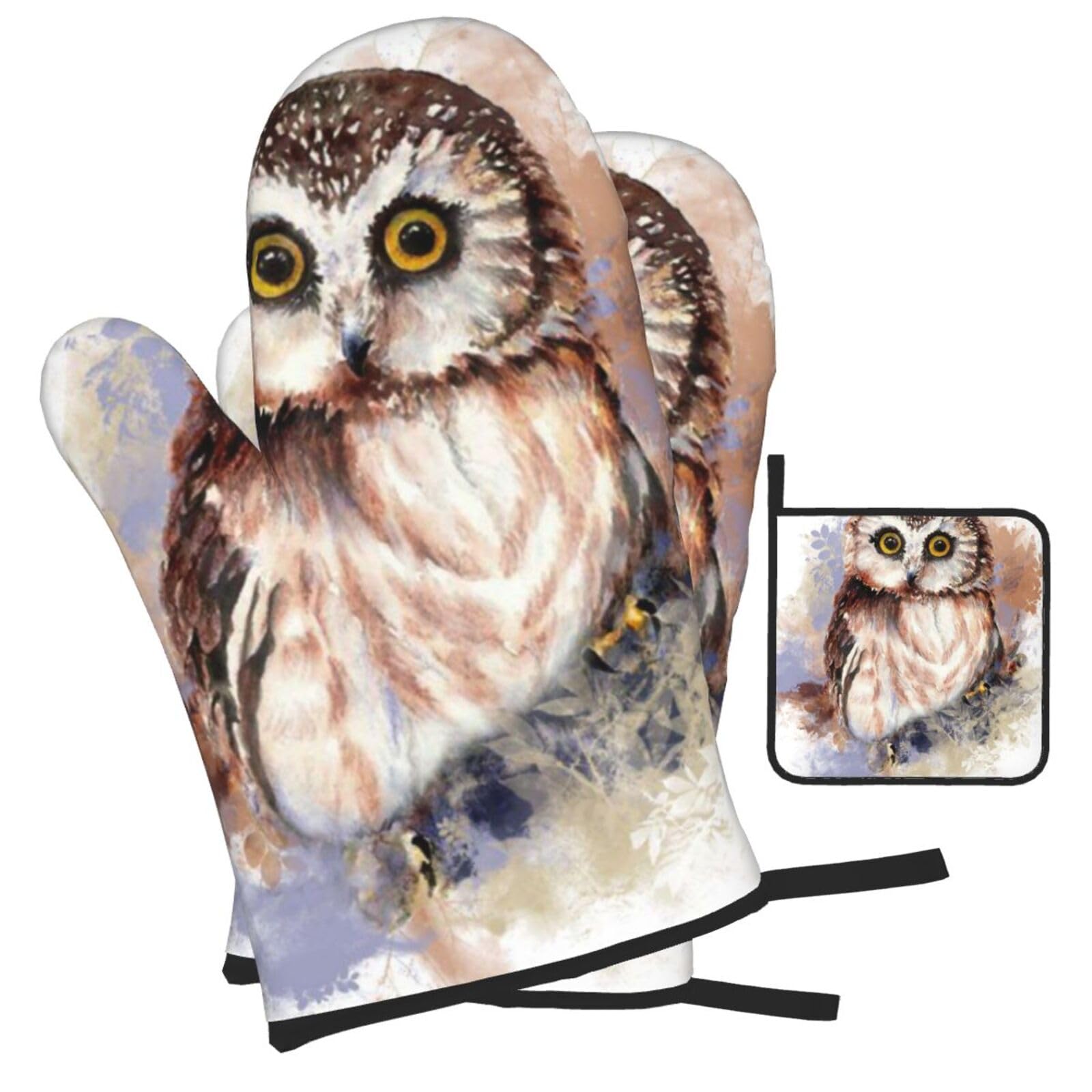 Owl Printed Oven Mitts and Pot Holders Heat Resistant Set of 3 Pcs, Modern Kitchen Gloves & Potholders for Cooking Baking Grilling