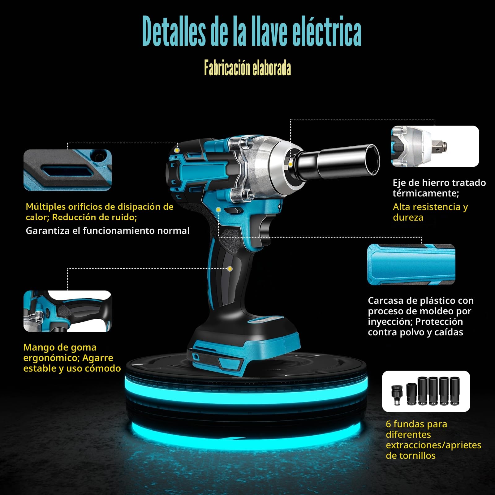 Llave de impacto eléctrica de 18 V, 1/2 ‘cuadrada, batería sin escobillas, par de torsión, 350 Nm con luz LED, 0-4000 rpm (sin batería ni cargador)