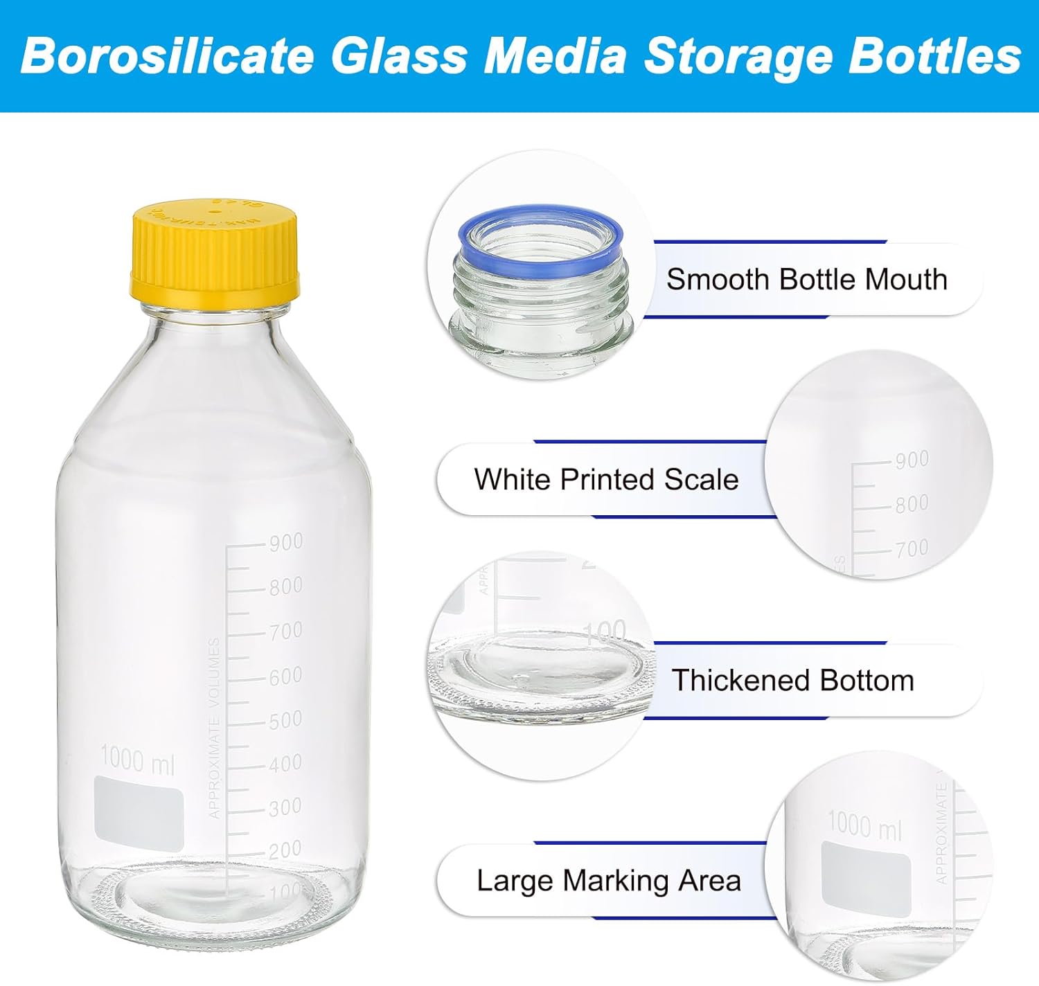 PATIKIL 2 Pack Reagent Media Storage Bottles, 1000ml Borosilicate Glass Graduated Round Bottles with GL32 Yellow Screw Cap for Lab Water Reagent Liquids, Clear