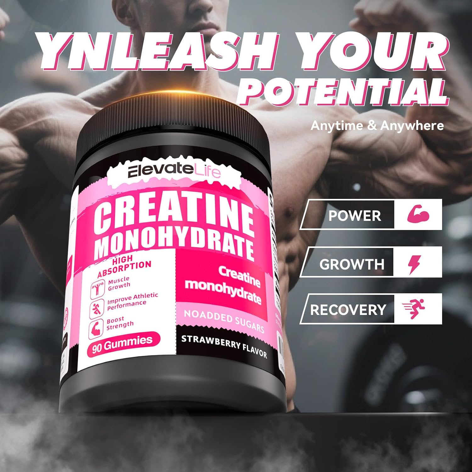 ElevateLife Creatine Monohydrate Gummies 5000mg for Men & Women, Chewables Creatine Monohydrate for Muscle Strength, Muscle Builder, Energy Boost, Pre-Workout Supplement(90 Count)-Strawberries - Image 6