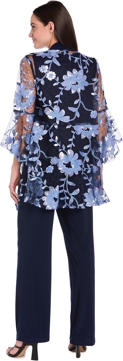 3PC Floral Threadwork Pantsuit Set W/Sheer Bell Sleeve Duster Jacket