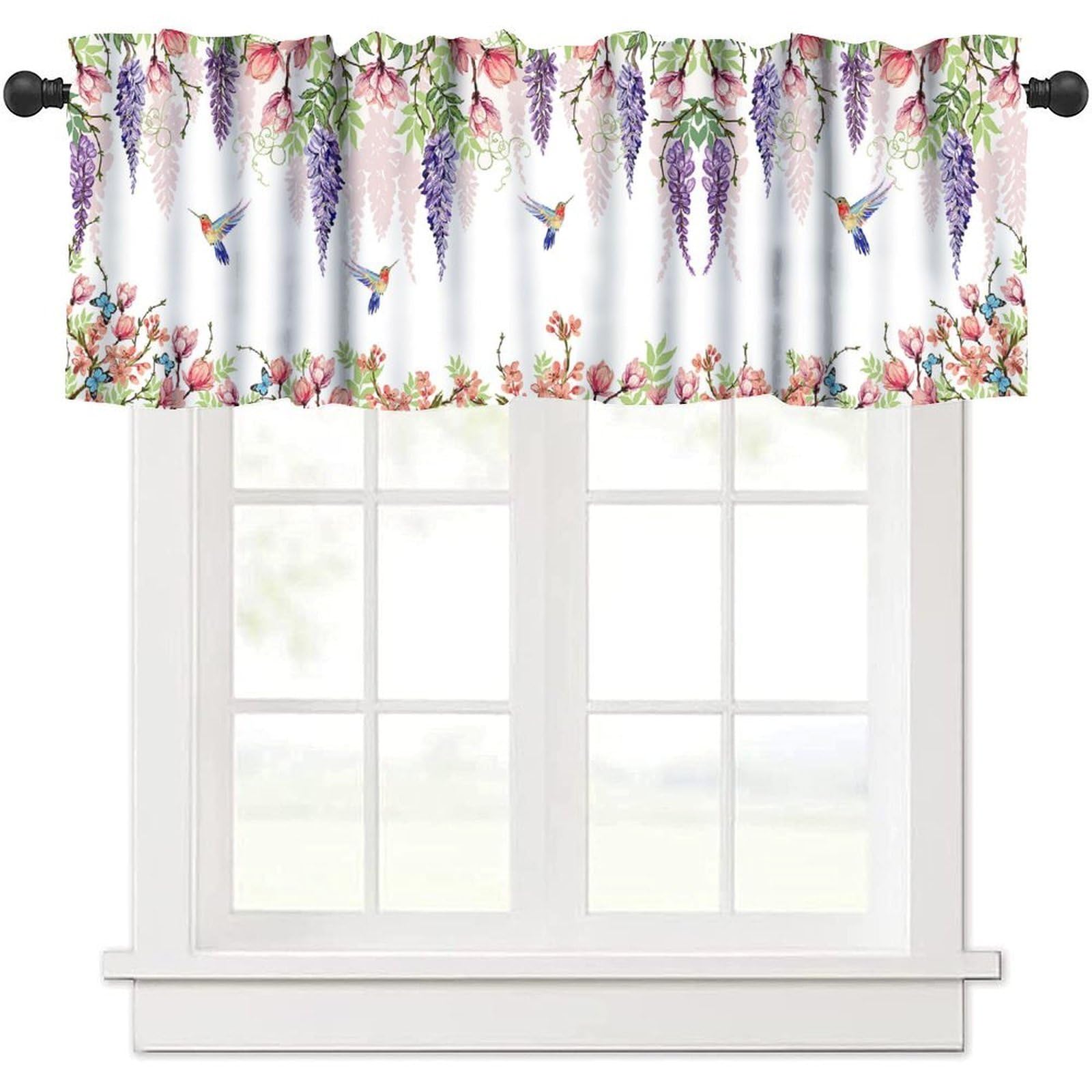 moderw Flower Hummingbird Window Valance Curtains, Boho Watercolor Spring Bird Butterfly Blooming Floral Plant Nature Valance Curtain for Farmhouse Bedroom Living Room Kitchen 54x18inch