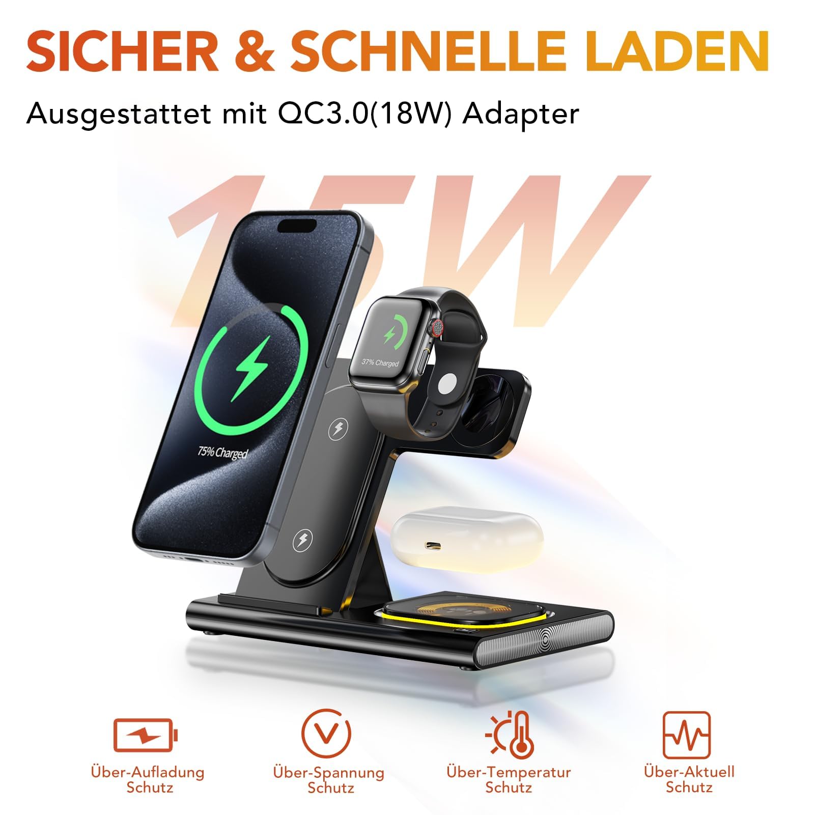 Aimtel 3 in 1 Induktive Ladestation Faltbare&Nachtlichter Kompatibel mit iPhone 17/17 Pro/17 Pro Max/17 Air/16/15/14/13,Apple Watch 11/Ultra 3/10/9/8/SE 3 für Air-Pods Pro/4/3/2 Kabelloses Ladegerät