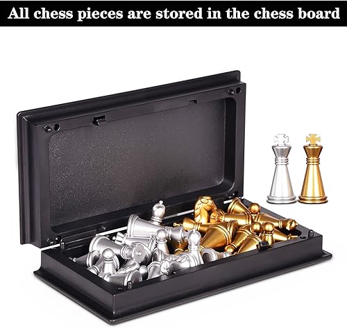 Miniatura 5 de Mini juego de ajedrez de 5 pulgadas, juego de mesa de viaje con tablero de ajedrez plegable magnético, portátil y para almacenar piezas de ajedrez,