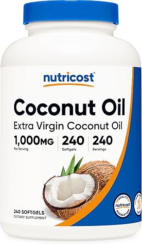 Nutricost Cápsulas de aceite de coco (1000 mg) 240 cápsulas blandas - Aceite de coco virgen extra - Sin gluten y sin OMG