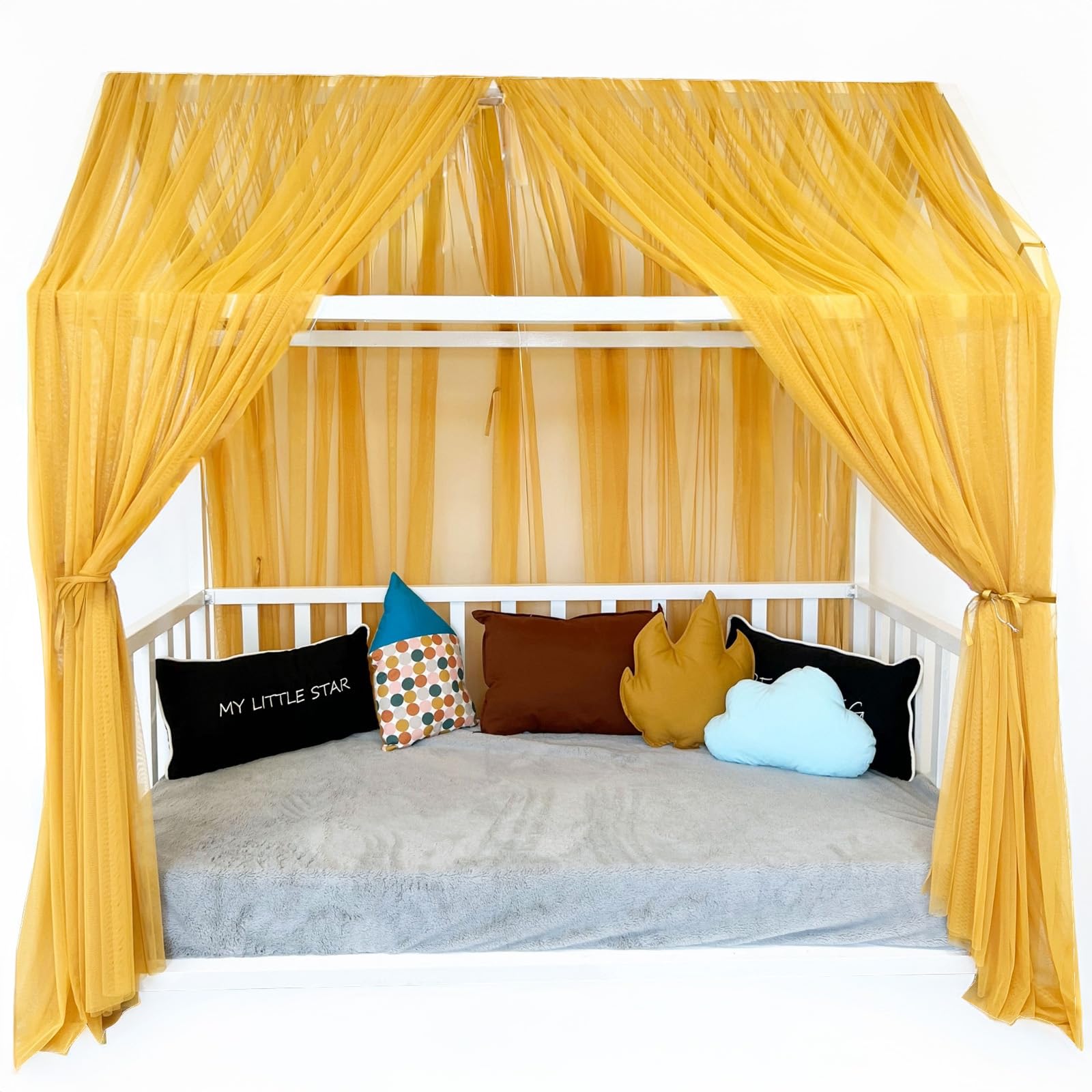 Tenda a baldacchino per letto della cameretta dei bambini, decorazione per letto montessori, tenda da gioco in morbido tulle per bambini (senape, 420 cm, set da 4)
