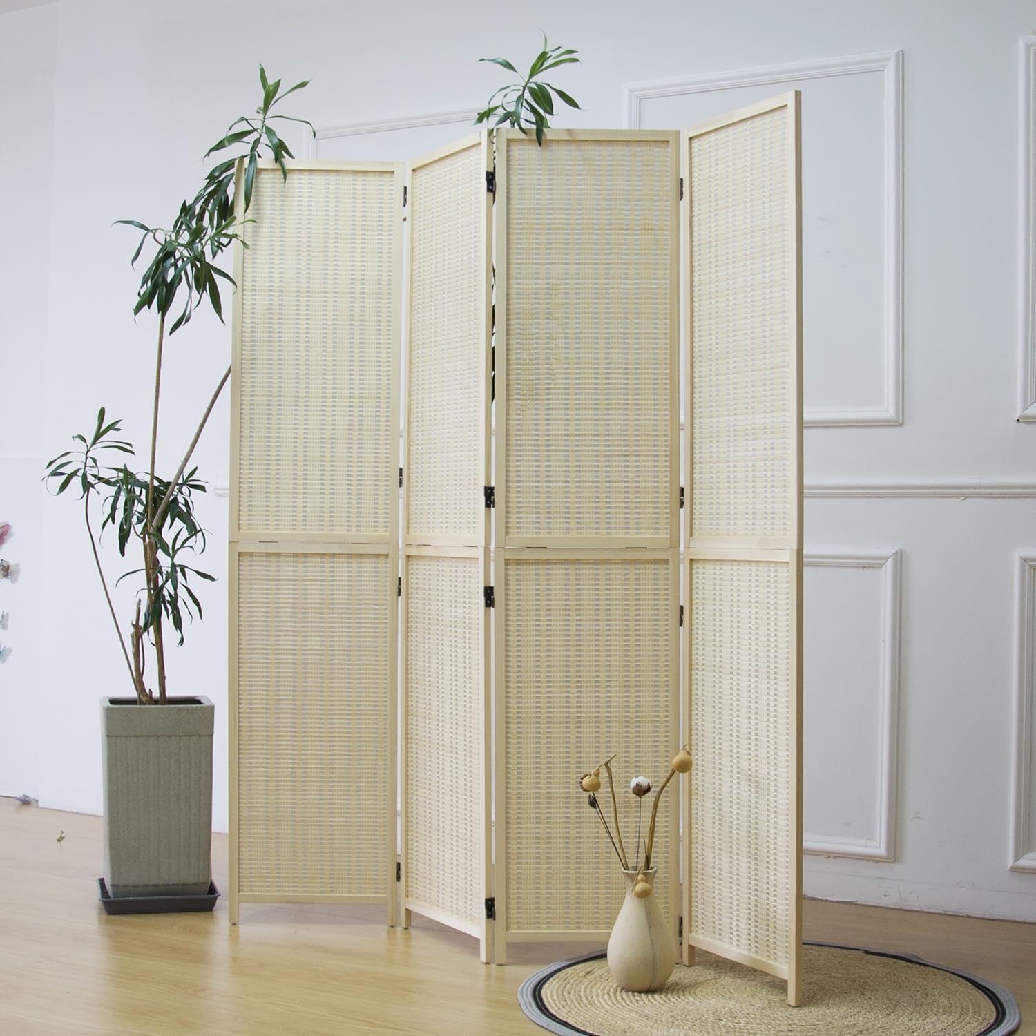 Furnnylane Cloison de séparation de pièce à 4 panneaux et paravent pliable, séparateur de pièce 2 en 1 en bambou amovible et pliable pour séparation de pièce, beige, 170,2 x 156 cm (H x l)