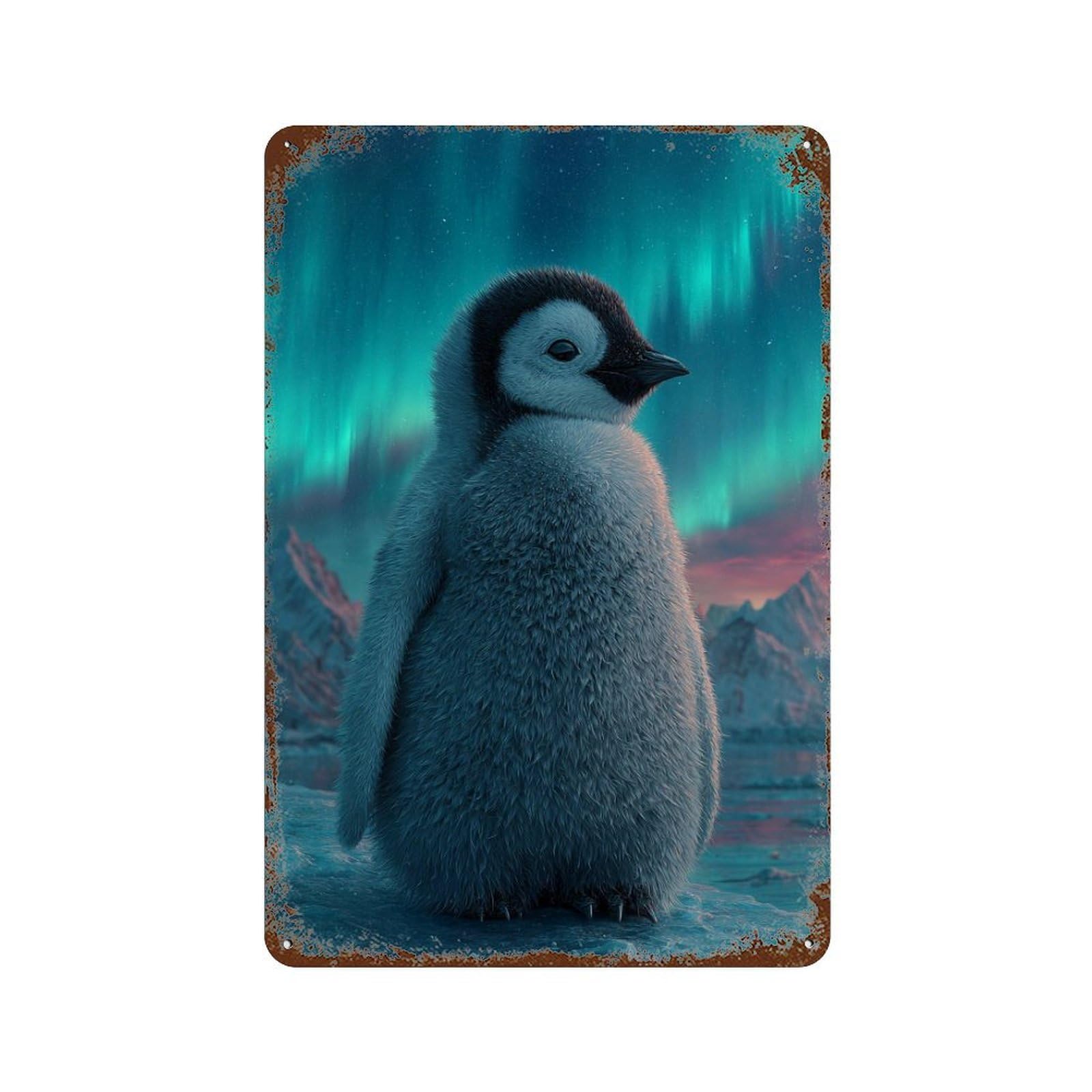 Rust Effect Penguin Aurora Borealis-3 Distressed Metal Wall Sign 11.8"x7.9", Shabby Chic Decor for Pub, Kitchen And Man Cave Decor