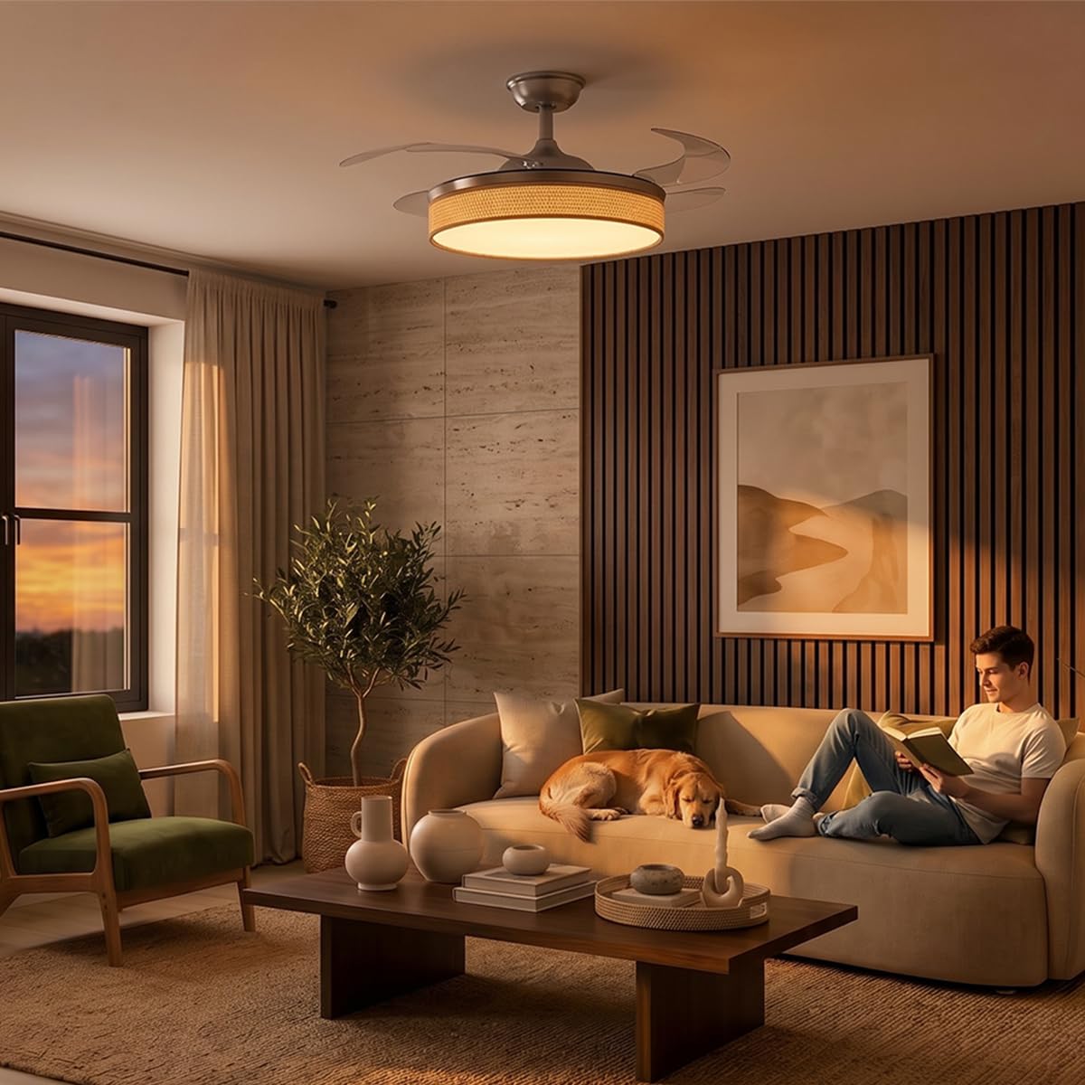 Cecotec Ventilatore da Soffitto con Luce con 3 Pale Retrattili EnergySilence Aero 4222 Invisible Textile. 30 W, Motore DC, Diametro 42", 3 Toni LED, Telecomando, 6 Velocità, Timer, Design In Tessuto