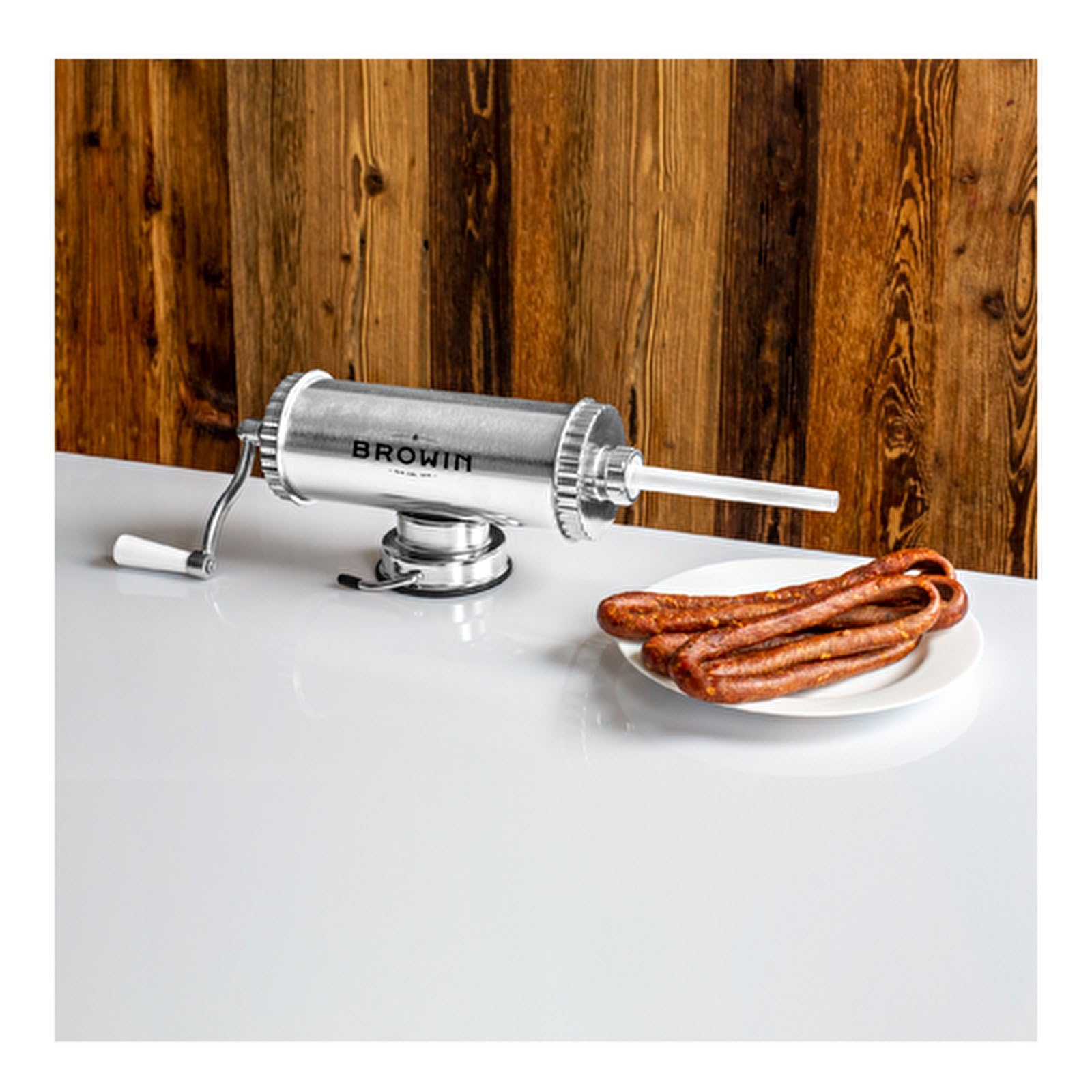 Browin 311009 Riempitore manuale orizzontale con pistone in silicone, 1,5 kg, acciaio inossidabile, 4 imbuti