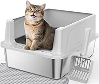 FURTIME Stainless Steel Cat Litter Box with Lid for Small Cats & Kittens - Anti-Leak, Scatter-Proof, Easy Clean 17x13x8.4" Small
