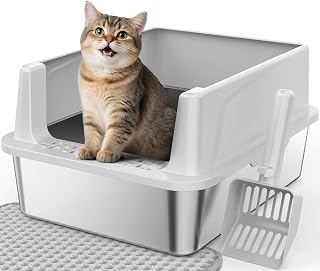 FURTIME Stainless Steel Cat Litter Box with Lid for Small Cats & Kittens - Anti-Leak, Scatter-Proof, Easy Clean 17x13x8.4" Small