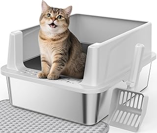 FURTIME Caja de arena de acero inoxidable para gatos con tapa, caja de arena de metal para gatos pequeños, cajas de arena para gatitos con pala y alfombra, antiadherente, antifugas, fácil de limpiar