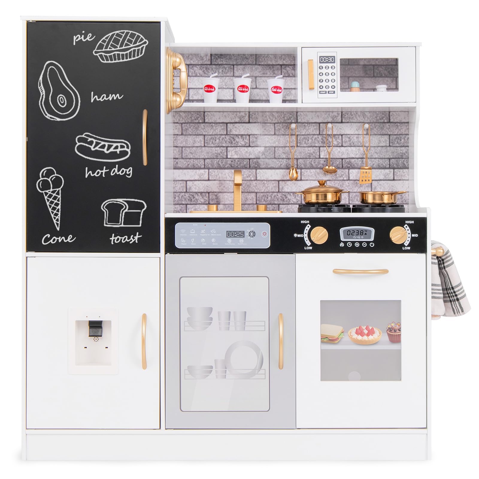 COSTWAY Kids Wooden Kitchen, Large Play Kitchen with Chalkboard, Sink, Microwave, Water Dispenser, Utensils, Children Cooking Role Playset for 3+ Years Old Boys Girls