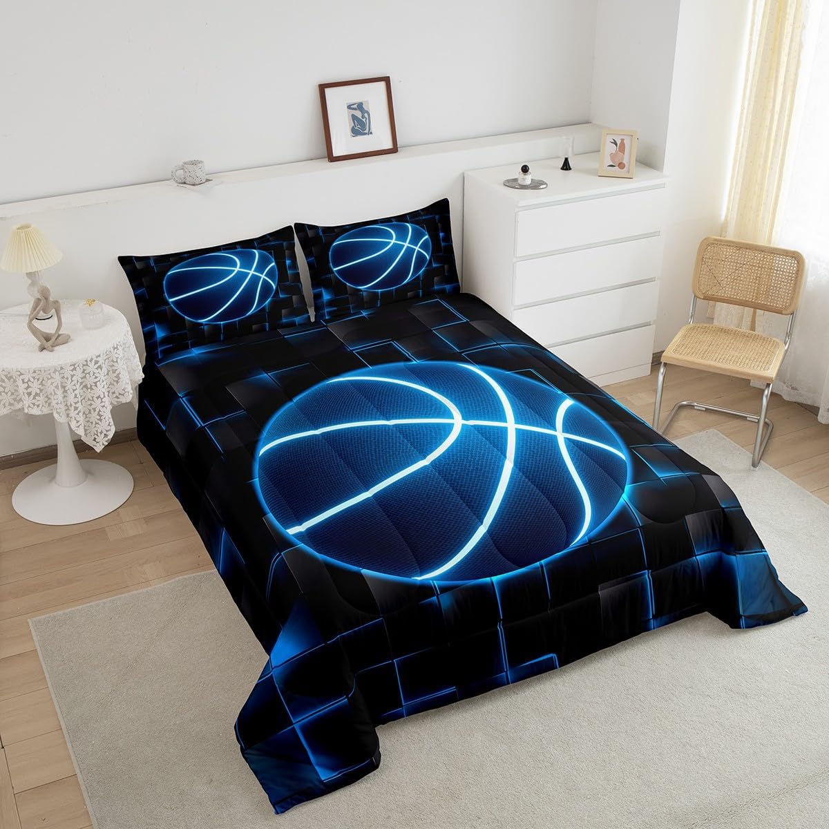 Feelyou Basketball Comforter Set Full Size Kids Gaming Sports Comforter for Boys Teens Blue and Black Bedding Set Geometric Honeycomb Duvet Set Room Decor Quilt Set - Image 3