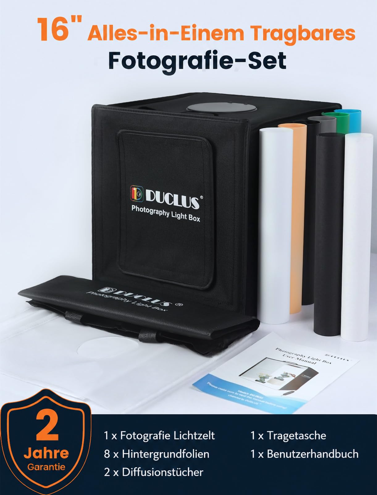 DUCLUS Fotobox 40x40 cm Faltbare Fotostudio, 5500K Dimmbare Lichtzelt Set mit 160 LED Beleuchtung und 8 Produktfotografie Hintergründe