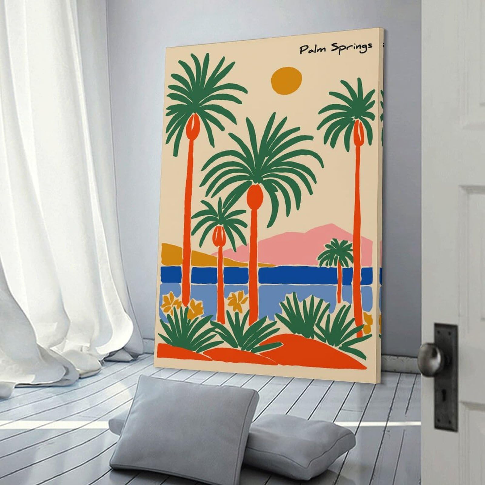 Junmoney Palm Springs Illustration with Palm Trees Decorative Wall Artwork 24x36inch(60x90cm), for Living Room, Bedroom, Office Or Hallway, Decorative Artwork with Broad Appeal