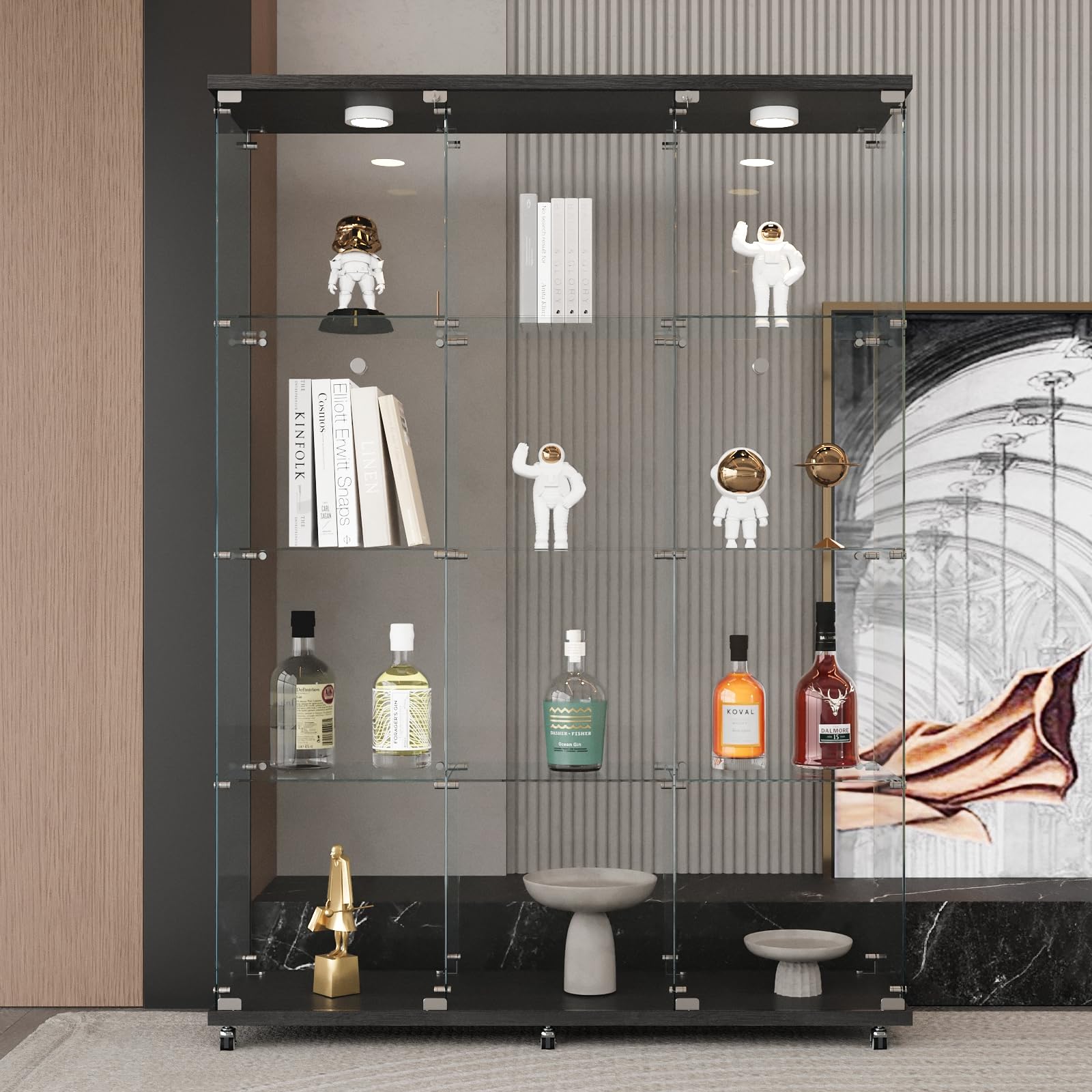 LFT HUIMEI2Y Glass Display Cabinet 12 Shelves with 3 Columns, LED Light and Lock, Extra Large Curio Cabinets Quick-Install Style Tempered Glass Floor Standing Bookshelf for Living Room, Kitchen Black