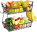 ANTOPY 2 Tier Fruit Basket with 2 Banana Hangers, Countertop Fruit Vegetable Basket Bowl for Kitchen Counter Metal Wire Fruits Storage Stand Holder Organizer for Bread Snack Veggies Produce