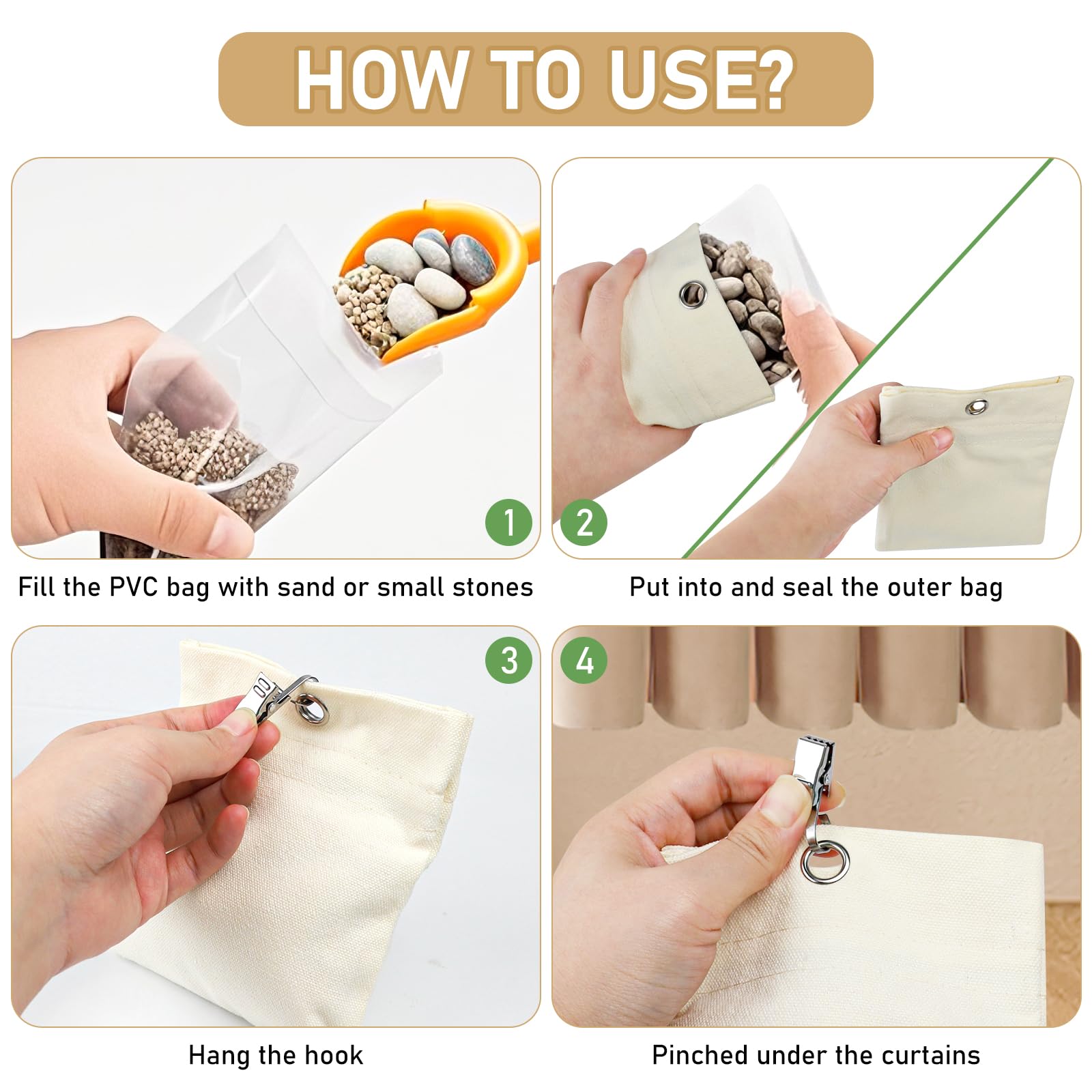 Confezione da 8 sacchetti per tende da esterni, con clip in metallo, per tendaggi esterni, sandbag, clip antivento, per gazebo, padiglione, tende da giardino
