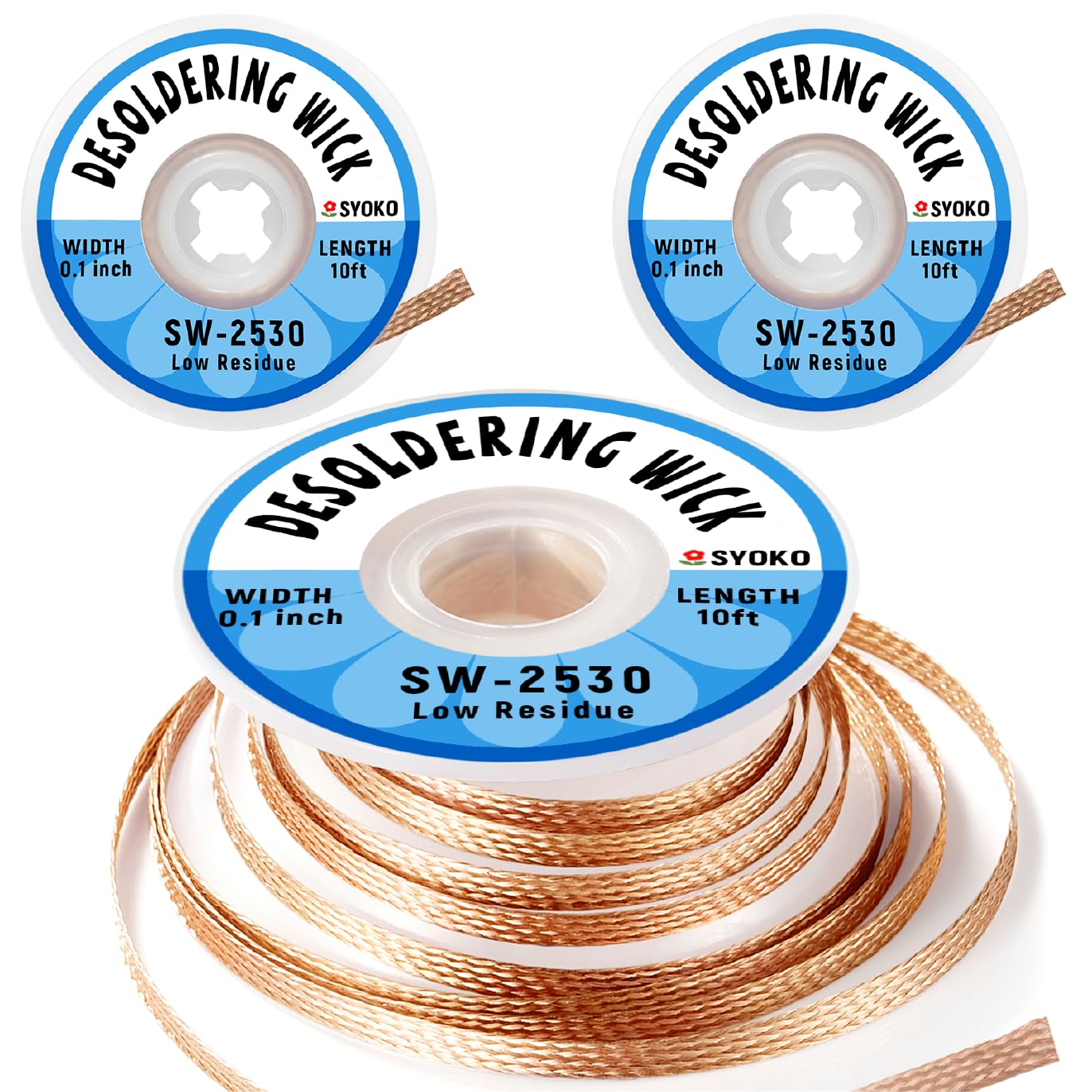 SYOKO 3 Pack Desoldering Wick, Braid Length 10ft/3M Width 2.5mm, No-Clean Solder Remover Wick, Used to Remove the Solder and Disassemble Electronic