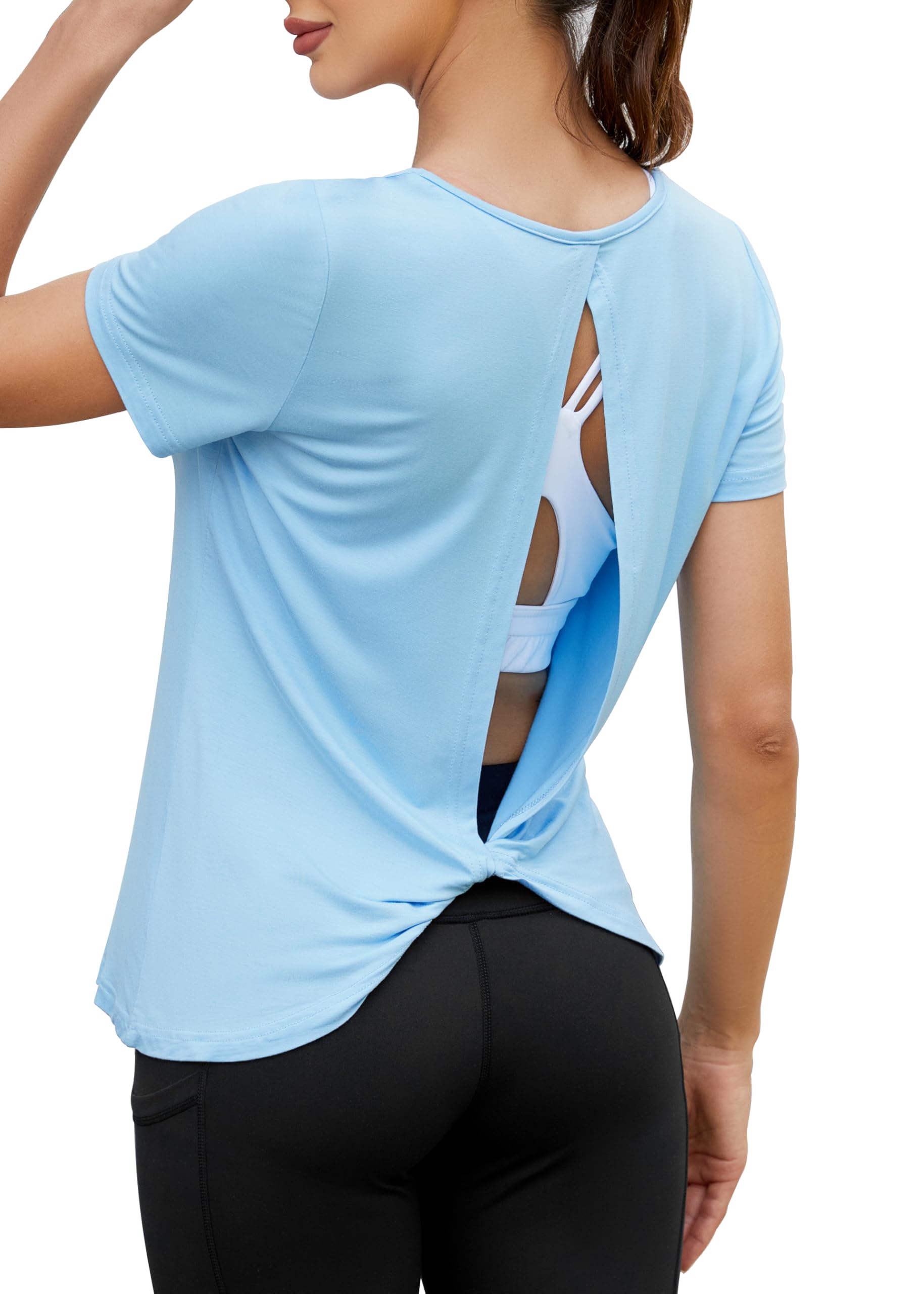 Mippo Camisetas de entrenamiento con espalda abierta para mujer, suaves, de manga corta, atléticas, para yoga, gimnasio