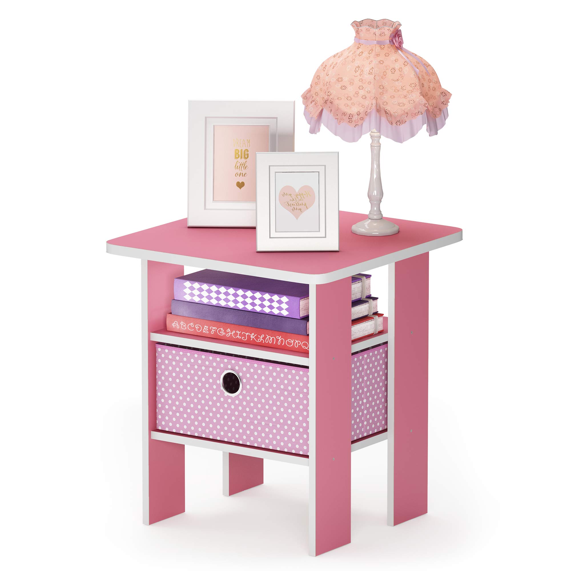 Furinno ANDREY Side Table, End Table, Night Stand with Open Shelves and Storage Bin, Bedside Table, for Living Room, Bedroom, Pink
